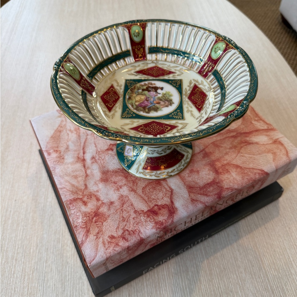 Vintage Shofu China Occupied Japan Lattice Compote Pedestal Bowl Gold